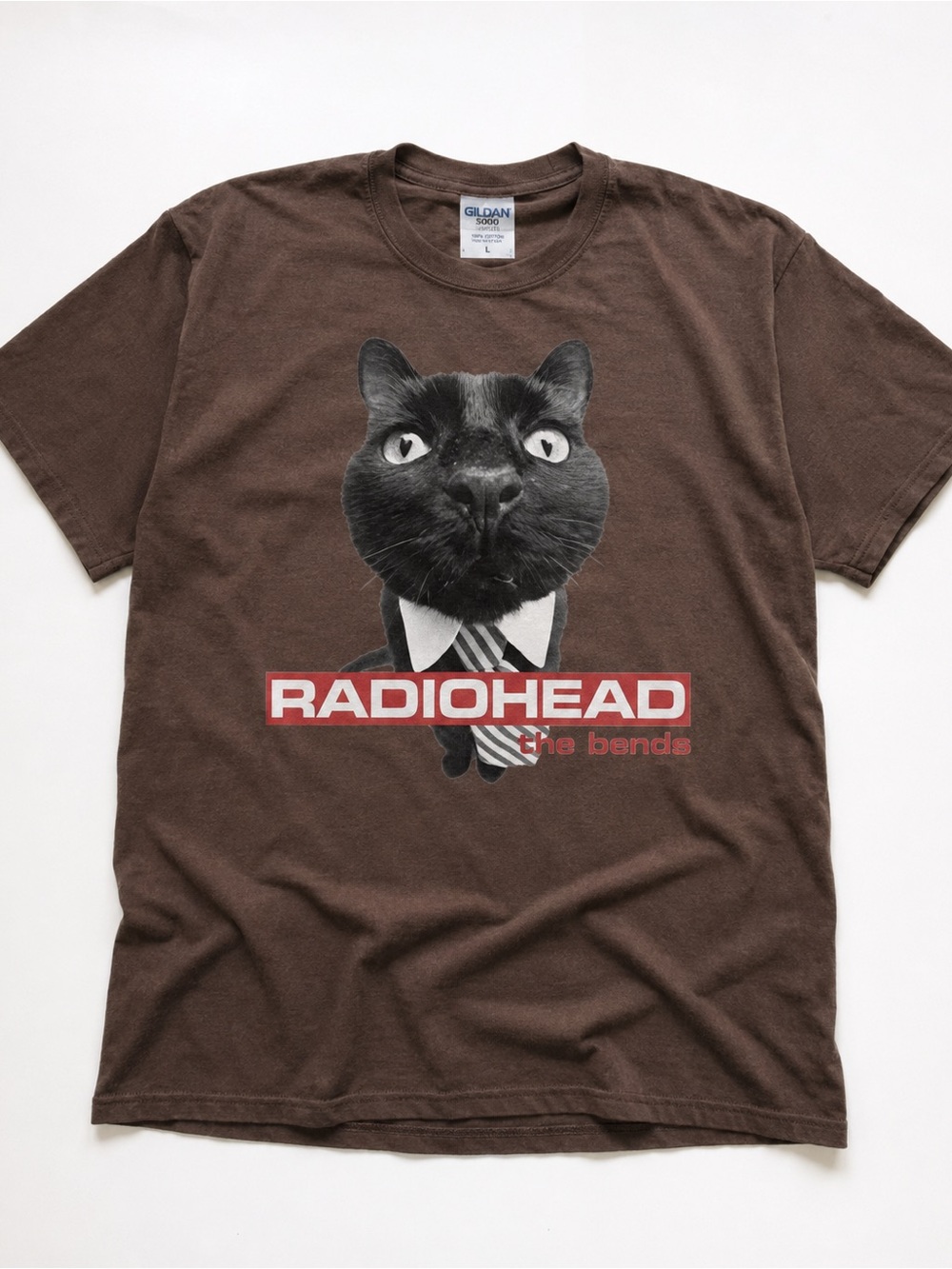 Gildan Brown Radiohead Cat Graphic Tee with Red Logo